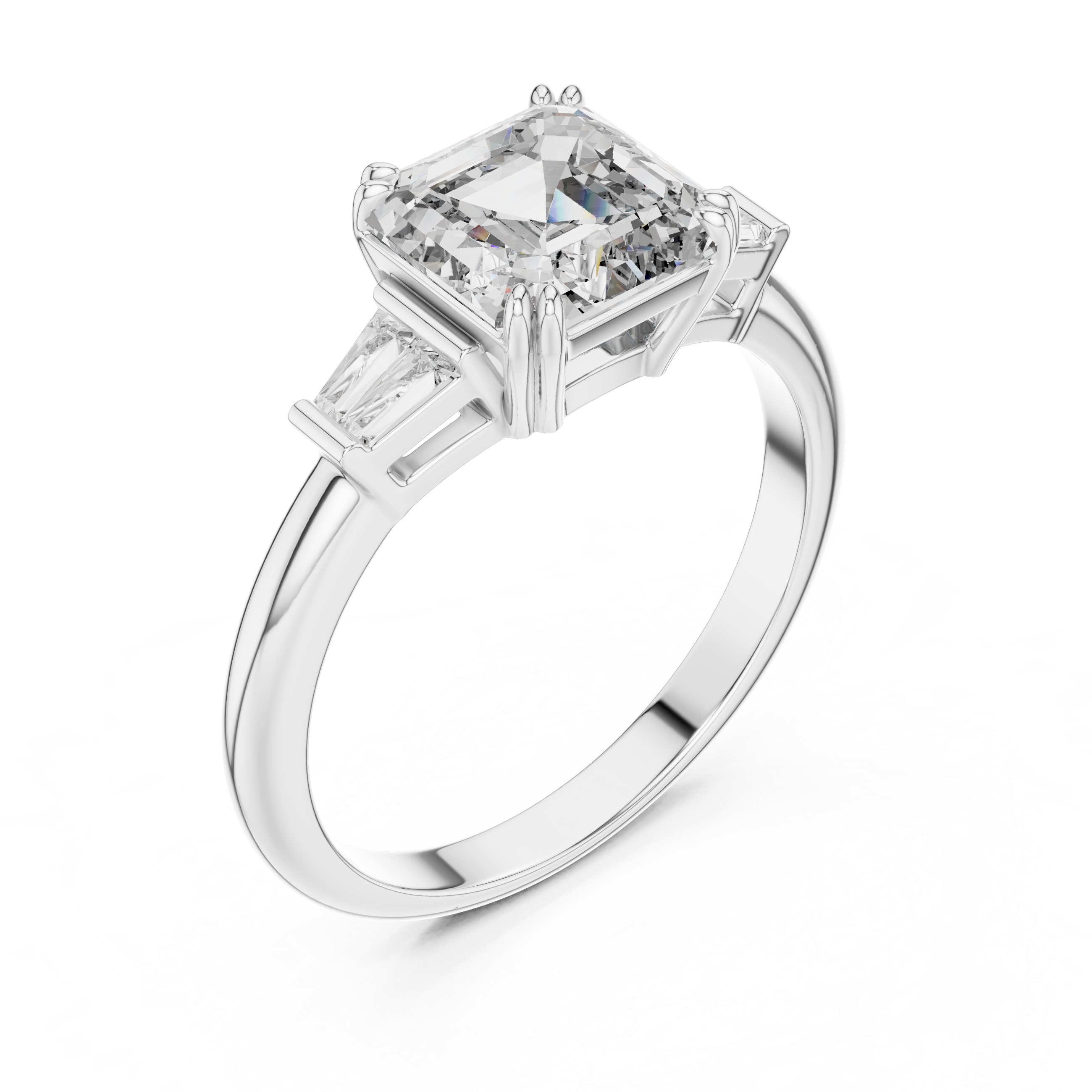 Diamond ring with a central square-cut diamond and two baguette diamonds on a white background